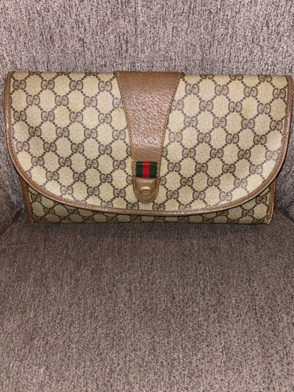 Gucci Beige Monogram Canvas Clutch with Brown Leather Trim and Green-Red Web